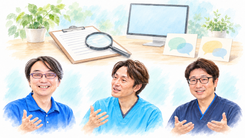 坐骨神経痛の原因や検査・治療について相談することを表す、記録メモと3名の医師の似顔絵。