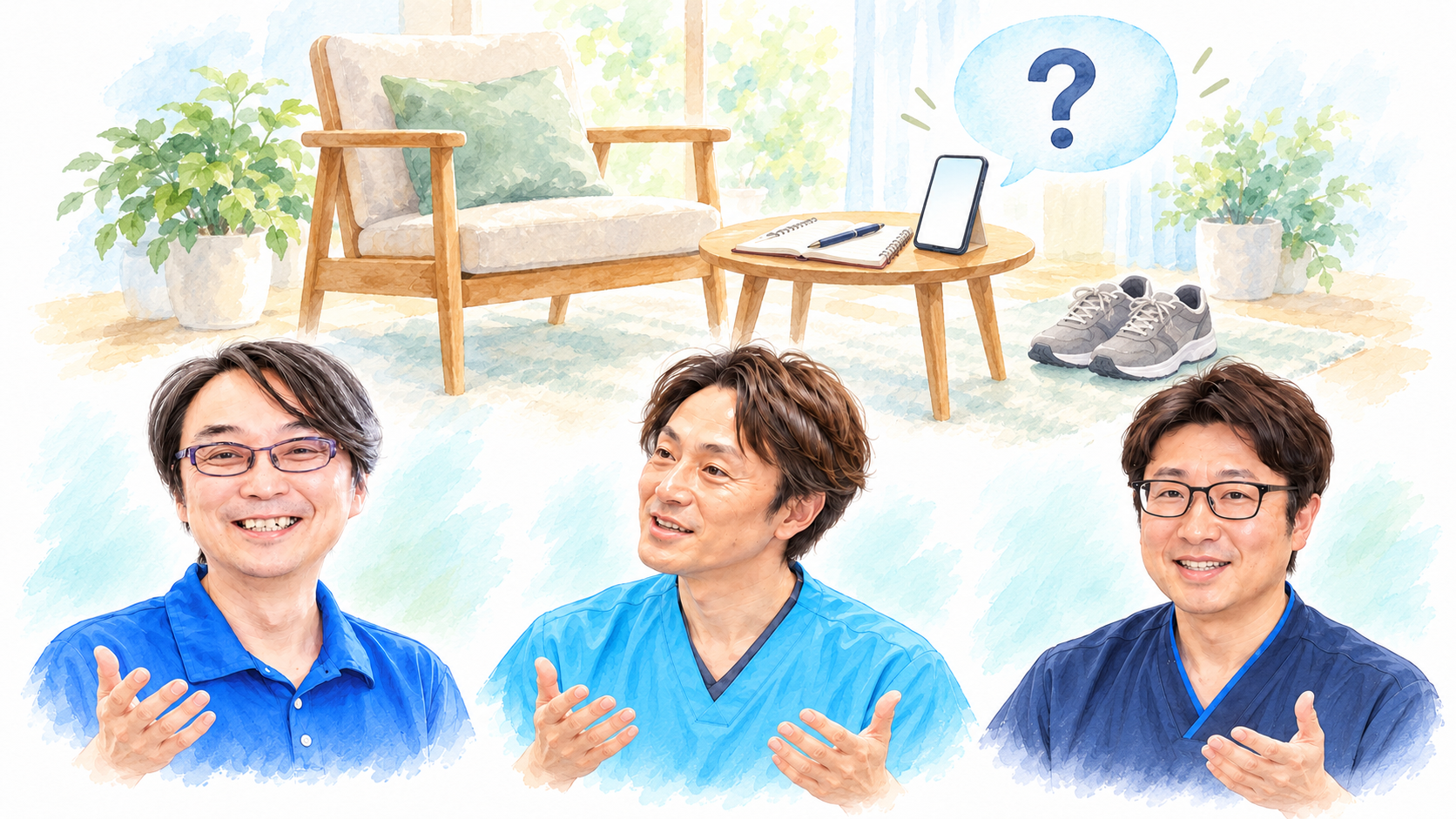 坐骨神経痛のセルフケアについて質問を整理する家庭のイメージと、3名の医師の似顔絵。
