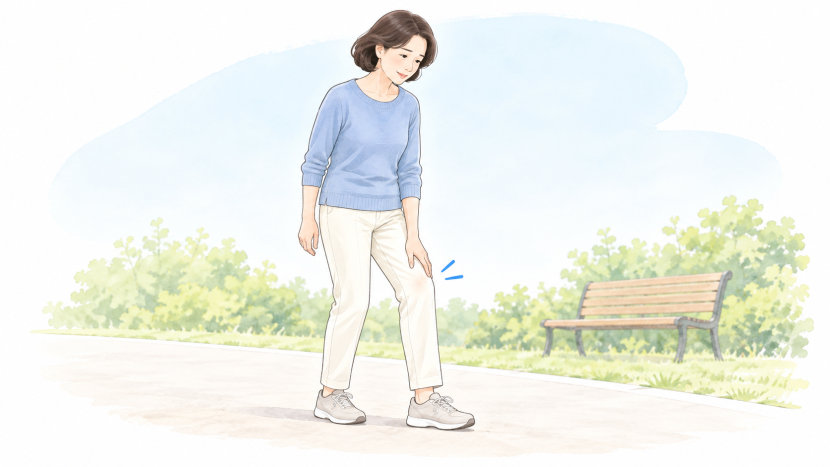 散歩中に立ち止まり、膝を気にする女性のイラスト