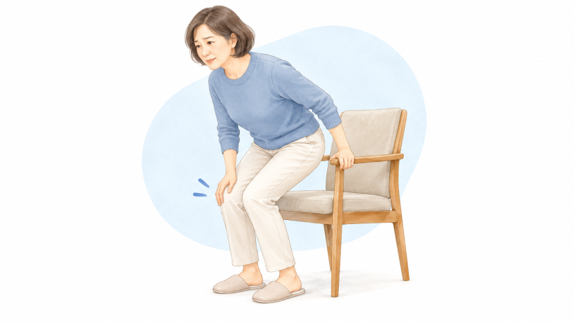 椅子から立ち上がる際に膝を気にする女性のイラスト
