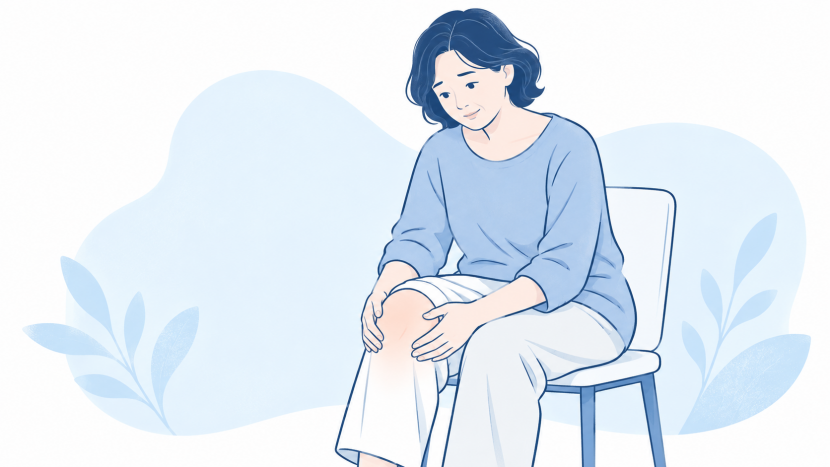 椅子に座り、膝にそっと手を添える人のイラスト