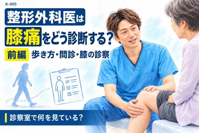 K-005前編：歩き方・問診・膝の診察から膝痛の原因を調べるイラスト